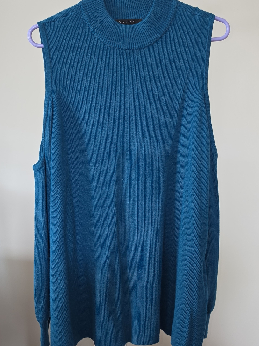 Cyrus Teal Ribbed Cold Shoulder  Mock Neck Sweater